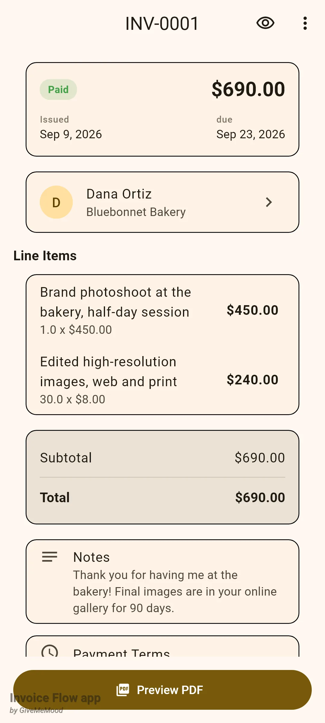 Invoice Flow app invoice detail screen for INV-0001 with a green Paid badge, the total 690.00, issue date Sep 9, 2026 and due date Sep 23, 2026, the client card Dana Ortiz Bluebonnet Bakery, two line items, a totals card, a Notes card and a Preview PDF button