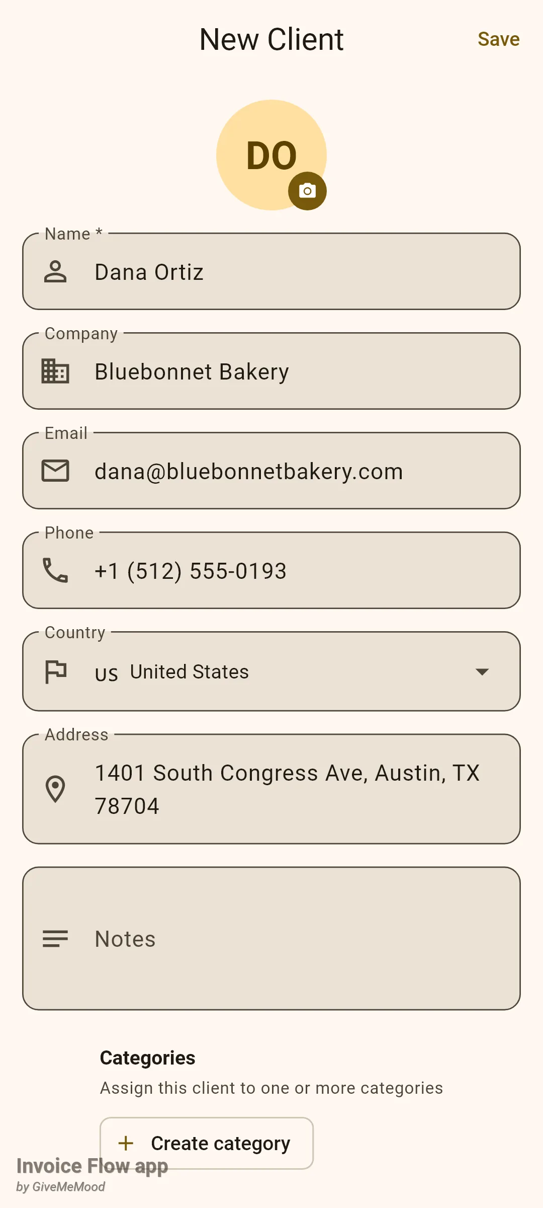 Invoice Flow app New Client form filled in with Dana Ortiz, company Bluebonnet Bakery, email dana@bluebonnetbakery.com, phone +1 (512) 555-0193, country United States and address 1401 South Congress Ave, Austin, TX 78704, with a Save button in the top bar