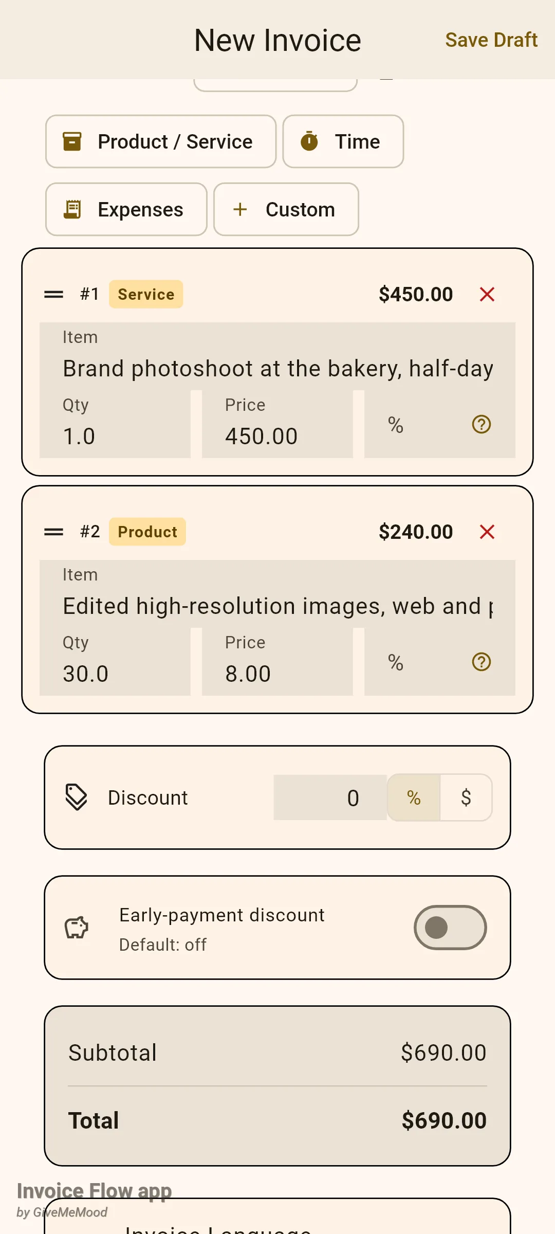 Invoice Flow app invoice editor showing two line item cards, a Service line Brand photoshoot at the bakery, half-day session at 1 x 450.00 and a Product line Edited high-resolution images at 30 x 8.00, followed by the Discount card, the Early-payment discount switch and a totals card with Subtotal and Total 690.00