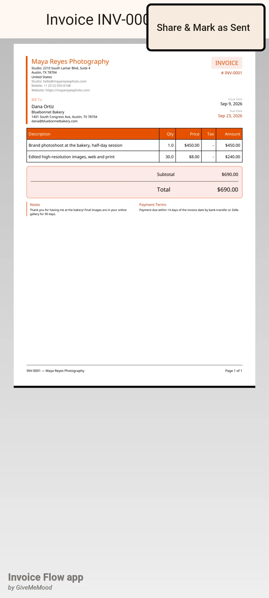Invoice Flow app PDF preview titled Invoice INV-0001 showing the Creative template with an orange sidebar, Maya Reyes Photography header, Bill To Dana Ortiz of Bluebonnet Bakery, two line items, a total of 690.00 and Notes and Payment Terms blocks, with the Share and Mark as Sent menu item open in the top bar