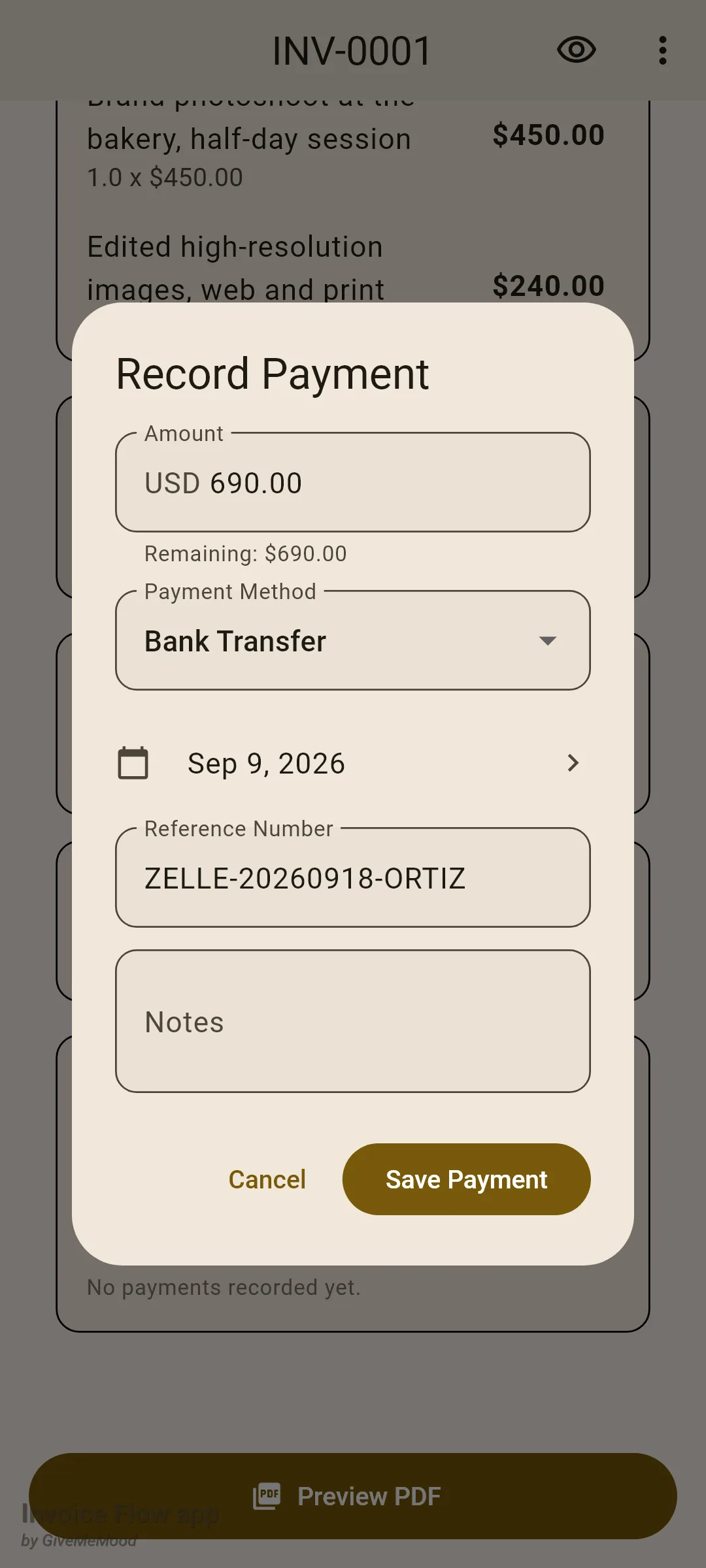 Invoice Flow app Record Payment dialog on invoice INV-0001 with Amount prefilled as USD 690.00, a Remaining 690.00 helper line, Payment Method Bank Transfer, a date row, Reference Number ZELLE-20260918-ORTIZ, an empty Notes field and Cancel and Save Payment buttons