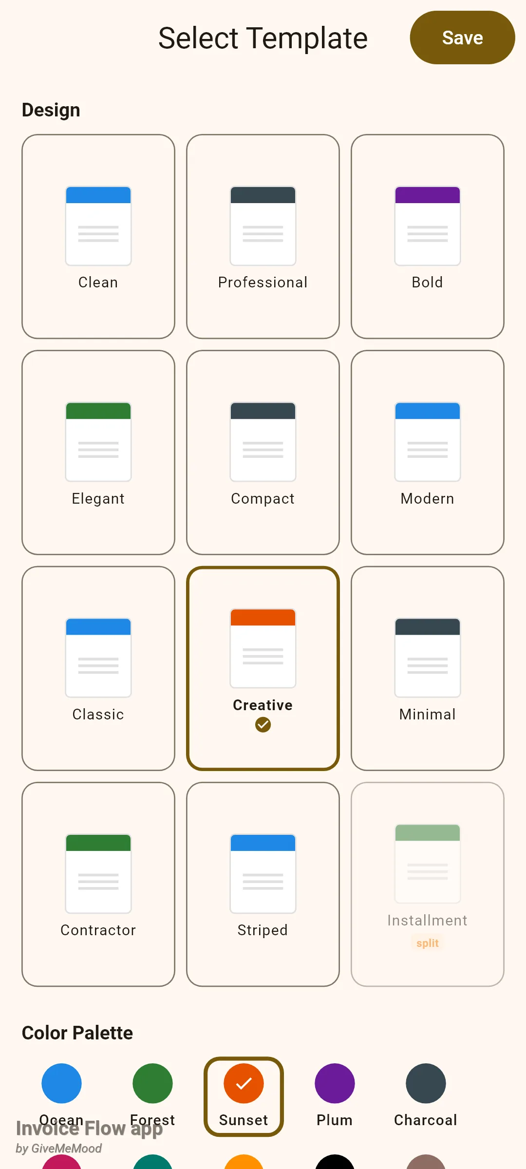 Invoice Flow app Select Template screen with a Design grid of twelve templates named Clean, Professional, Bold, Elegant, Compact, Modern, Classic, Creative, Minimal, Contractor, Striped and Installment, Creative highlighted with a check mark, and a Color Palette row with Sunset ticked