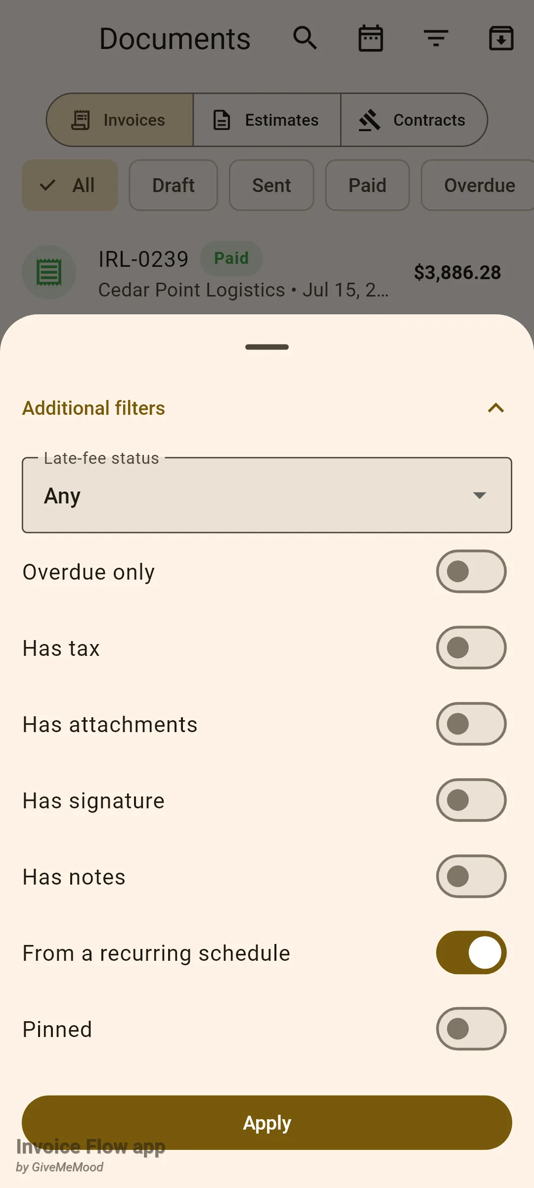 Invoice Flow app Filter documents sheet over the Documents list, with Additional filters expanded showing Late-fee status, Overdue only, Has tax, Has attachments, Has signature, Has notes, the From a recurring schedule switch turned on, Pinned, and an Apply button.