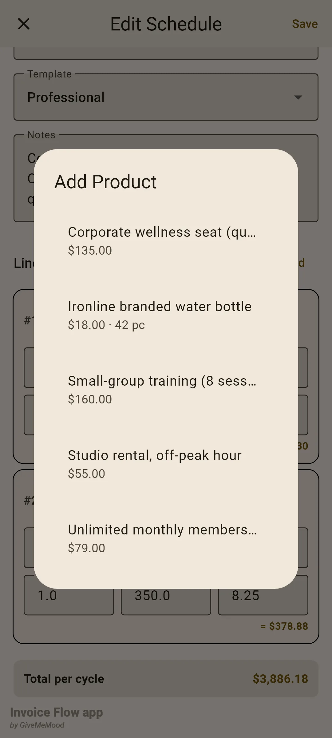 Invoice Flow app Add Product dialog over the schedule editor, listing five products from the library with their prices, including a branded water bottle showing 42 pieces in stock.