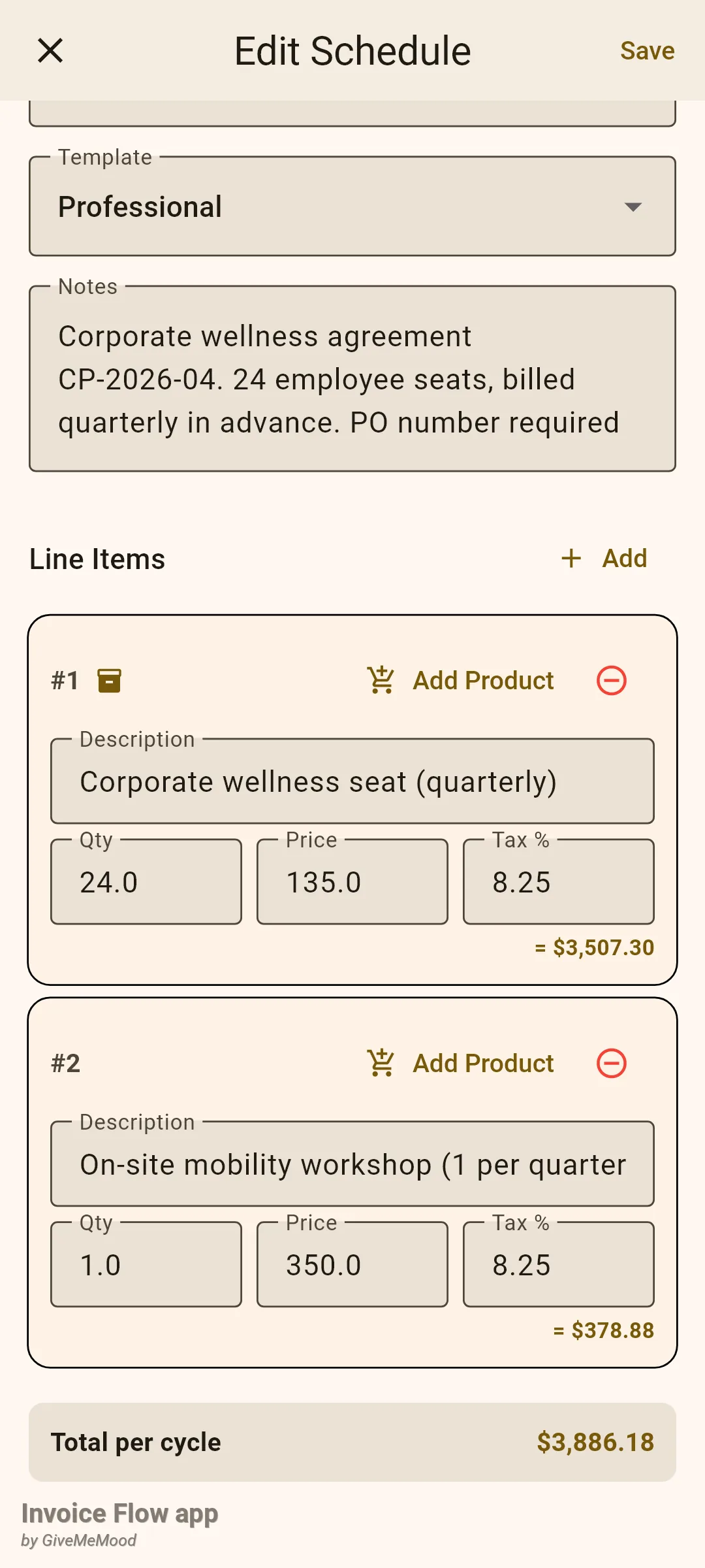 Invoice Flow app Edit Schedule screen scrolled to the Line Items section: item #1 Corporate wellness seat (quarterly) with an inventory icon, quantity 24, price 135, tax 8.25 percent and line total 3,507.30 dollars; item #2 On-site mobility workshop at 350 dollars; a Total per cycle box showing 3,886.18 dollars.