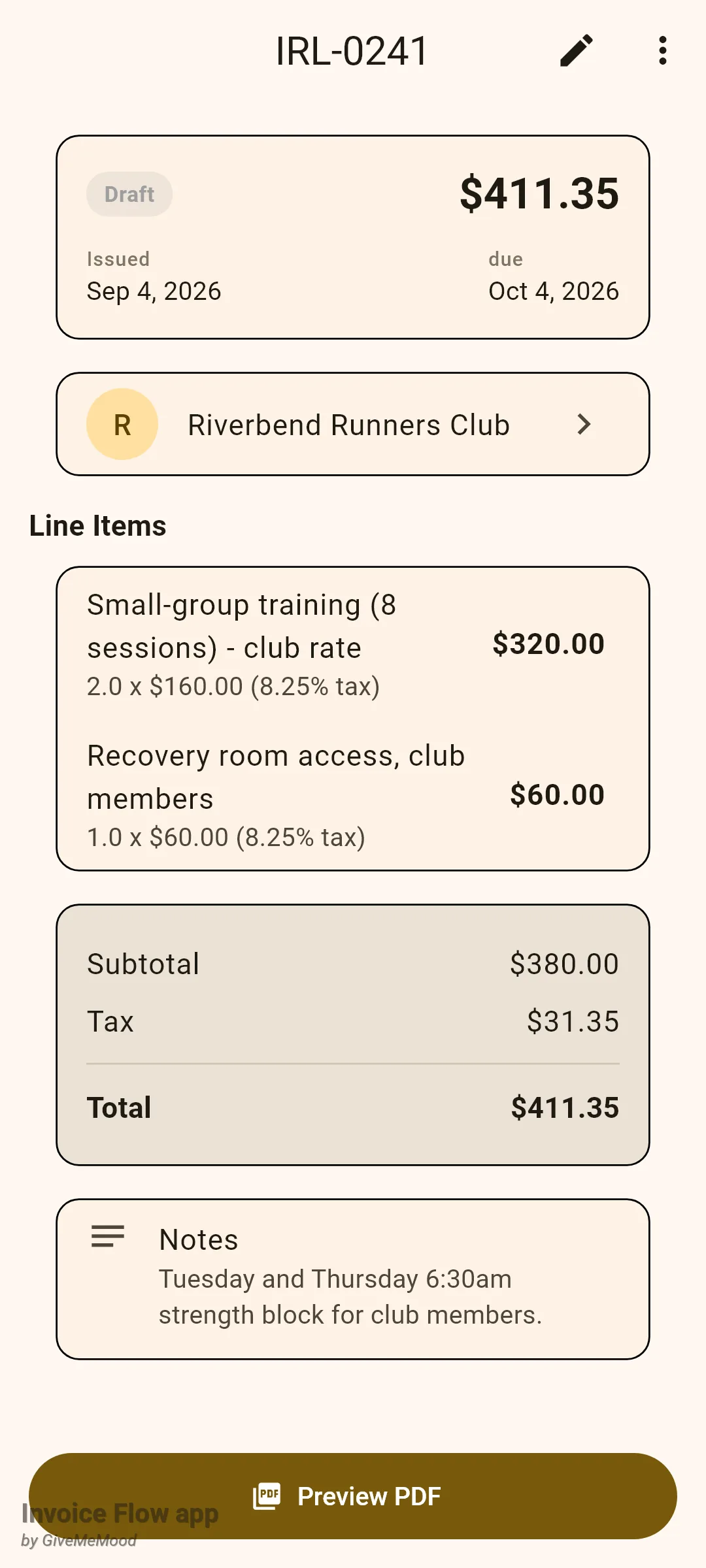 Invoice Flow app invoice detail IRL-0241 with a Draft badge, total 411.35 dollars, issued Sep 4, 2026 and due Oct 4, 2026, client Riverbend Runners Club, two line items copied from the schedule, subtotal, tax and total, and the schedule's notes.
