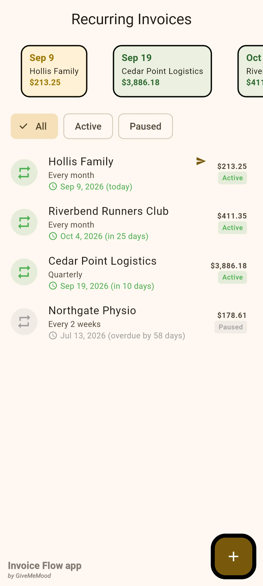 Invoice Flow app Recurring Invoices list after a cold start: the Riverbend Runners Club row now shows Oct 4, 2026 in 25 days with a green icon, the upcoming strip starts with Hollis Family Sep 9, then Cedar Point Logistics Sep 19, and the paused Northgate Physio row is unchanged.