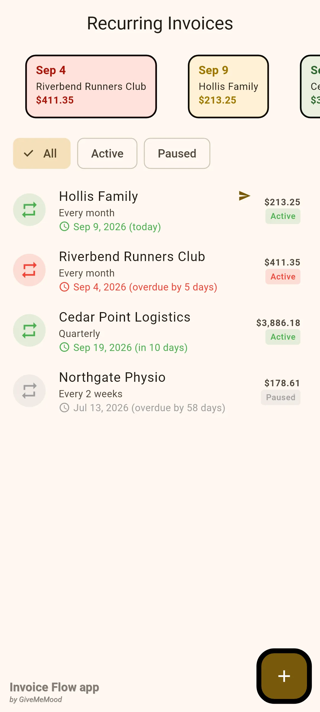 Invoice Flow app Recurring Invoices screen for a fitness studio: a strip of upcoming-date cards at the top, All, Active and Paused filter chips, and four schedule rows showing client, frequency, next date with countdown, amount per cycle and an Active or Paused badge.