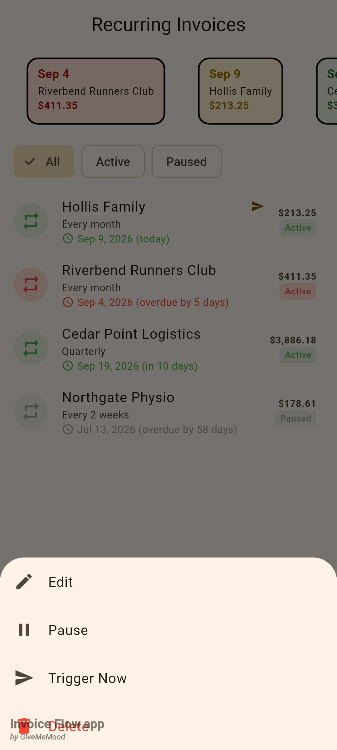Invoice Flow app bottom sheet opened by long-pressing the Cedar Point Logistics schedule, offering Edit, Pause, Trigger Now and a red Delete option, with the dimmed Recurring Invoices list behind it.