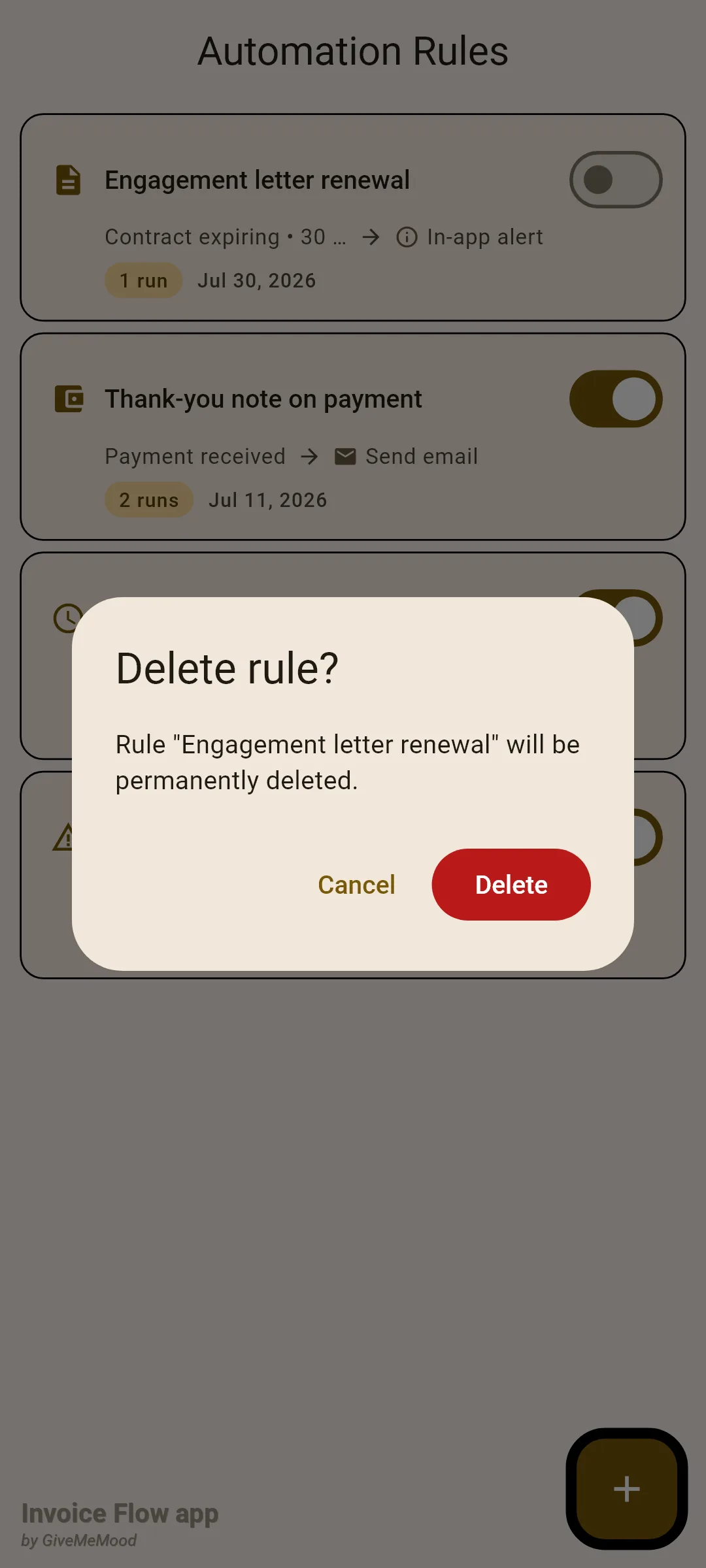 Invoice Flow app Delete rule? dialog over the Automation Rules list, stating that rule Engagement letter renewal will be permanently deleted, with Cancel and a red Delete button