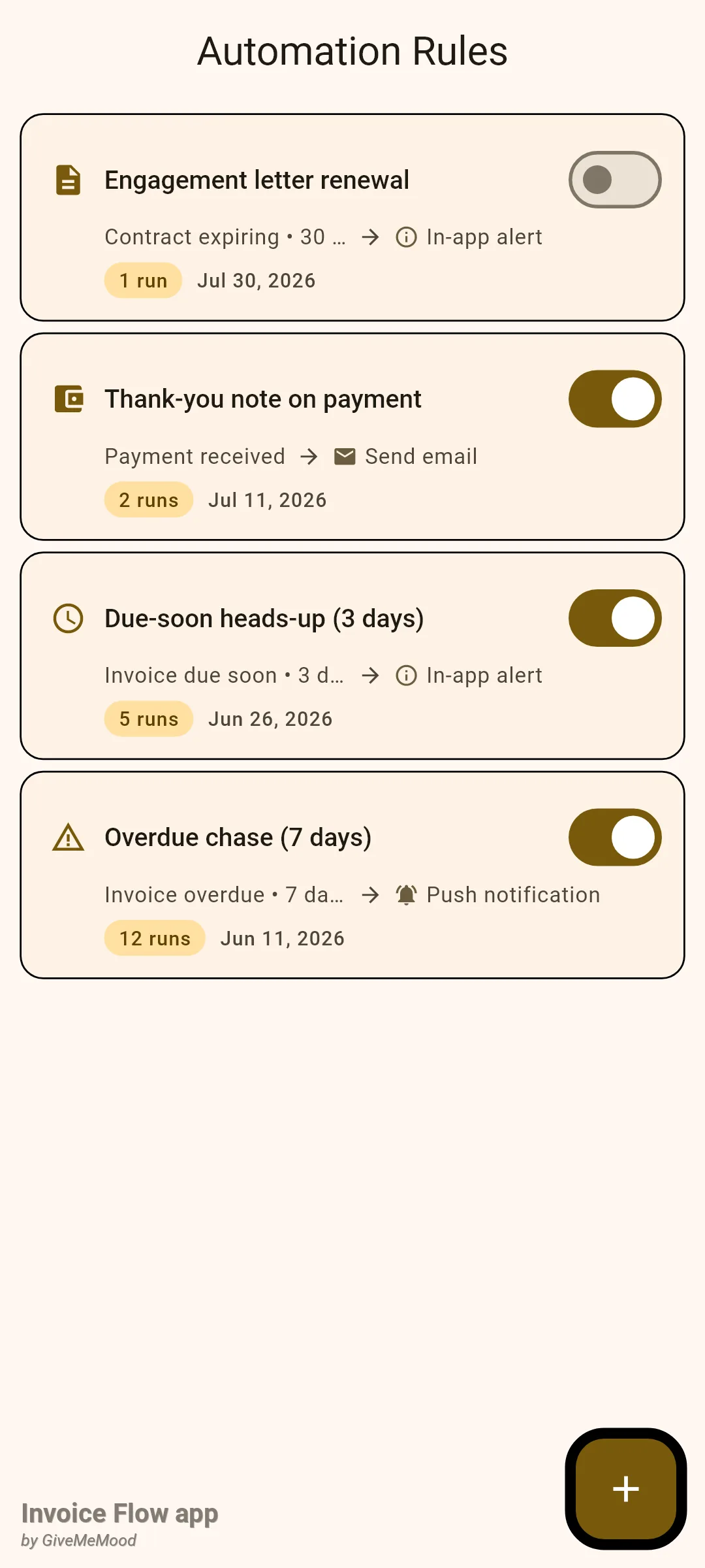 Invoice Flow app Automation Rules list with four cards: Engagement letter renewal switched off, Thank-you note on payment, Due-soon heads-up and Overdue chase, each showing trigger, action, run count and creation date