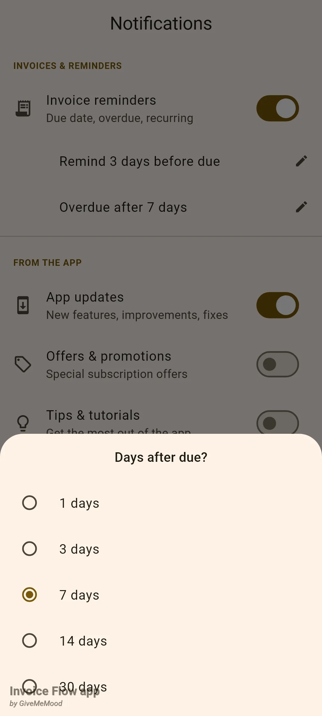 Invoice Flow app Days after due bottom sheet over the Notifications screen with radio options 1, 3, 7, 14 and 30 days and 7 days selected