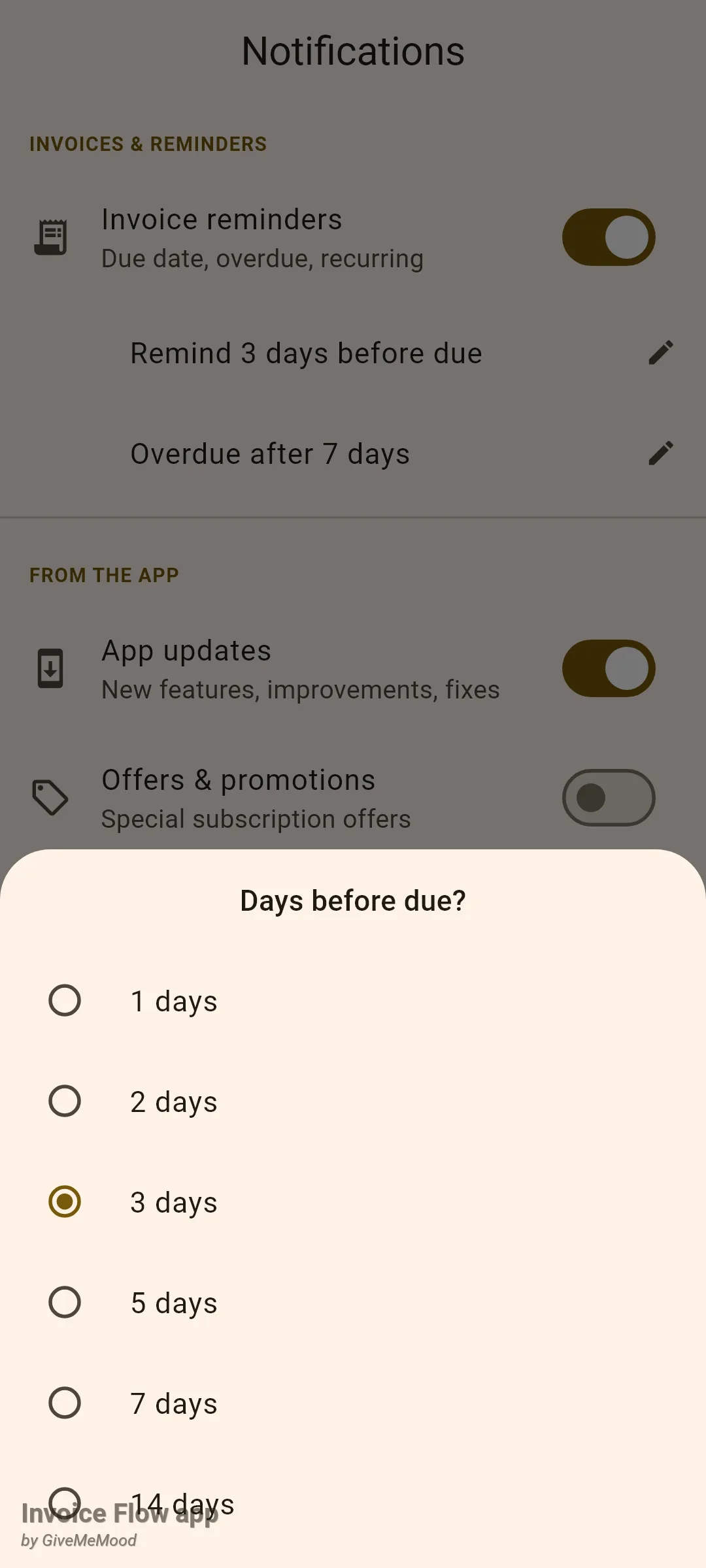 Invoice Flow app Days before due bottom sheet over the Notifications screen with radio options 1, 2, 3, 5, 7 and 14 days and 3 days selected