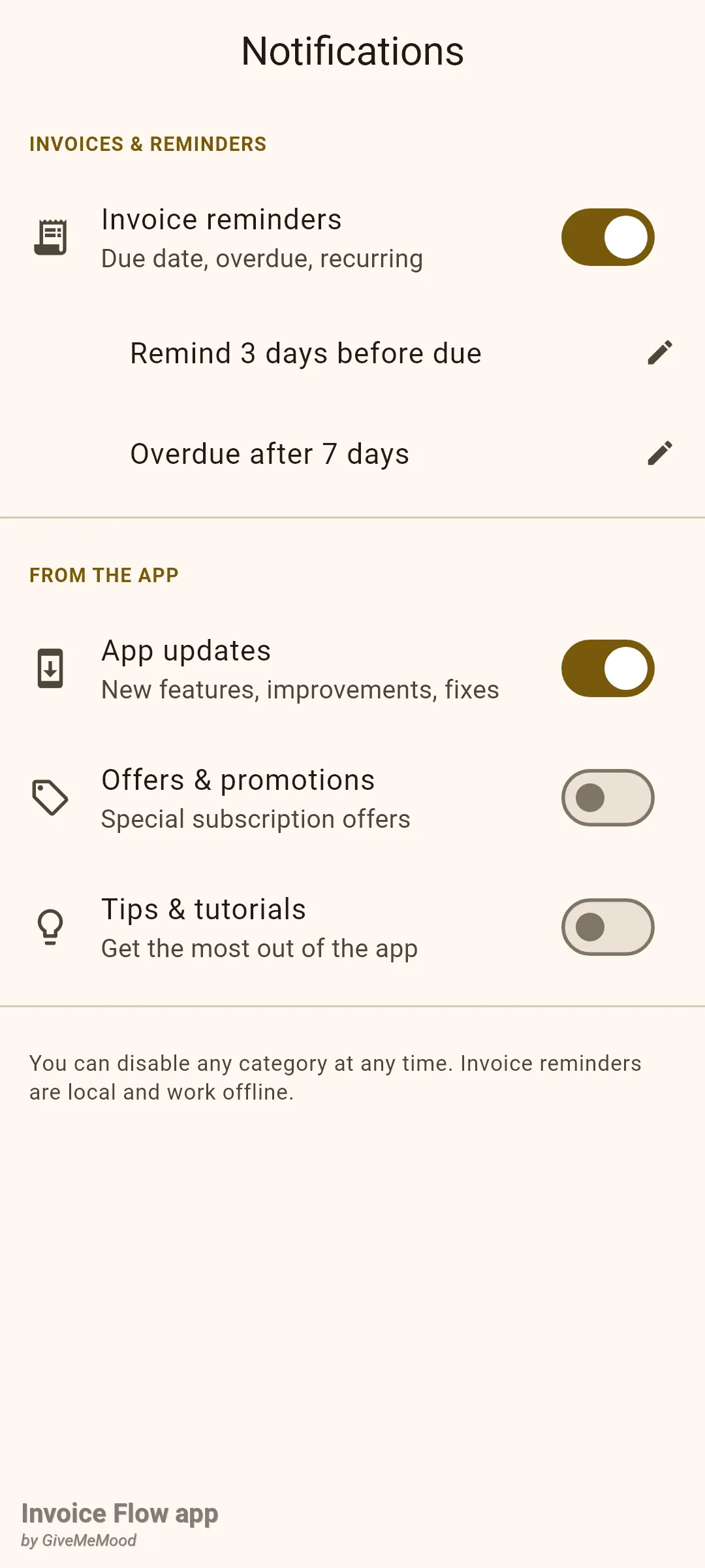 Invoice Flow app Notifications screen with Invoice reminders switched on, showing Remind 3 days before due and Overdue after 7 days, App updates on, Offers & promotions and Tips & tutorials off