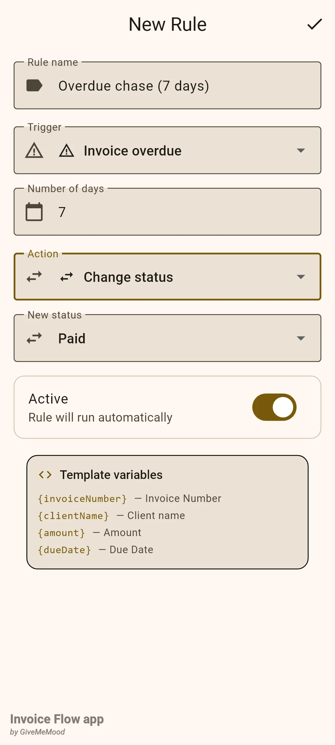 Invoice Flow app New Rule editor with the Action dropdown set to Change status and a New status dropdown showing Paid