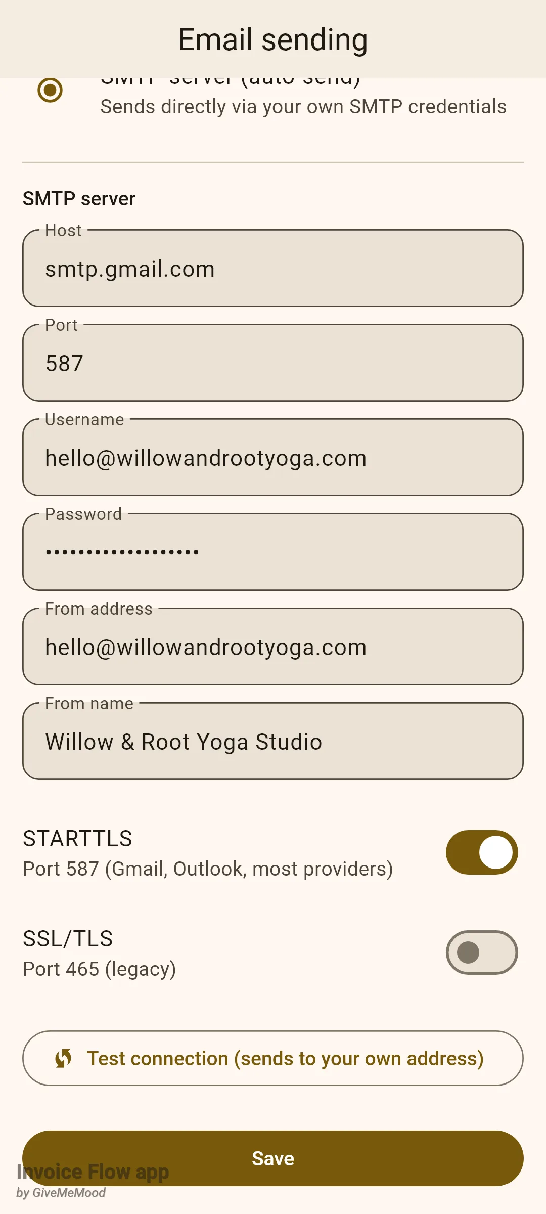 Invoice Flow app Email sending screen with SMTP server selected and the form filled with host smtp.gmail.com, port 587, username and from address hello@willowandrootyoga.com, from name Willow & Root Yoga Studio, STARTTLS on, SSL/TLS off, a Test connection button and Save