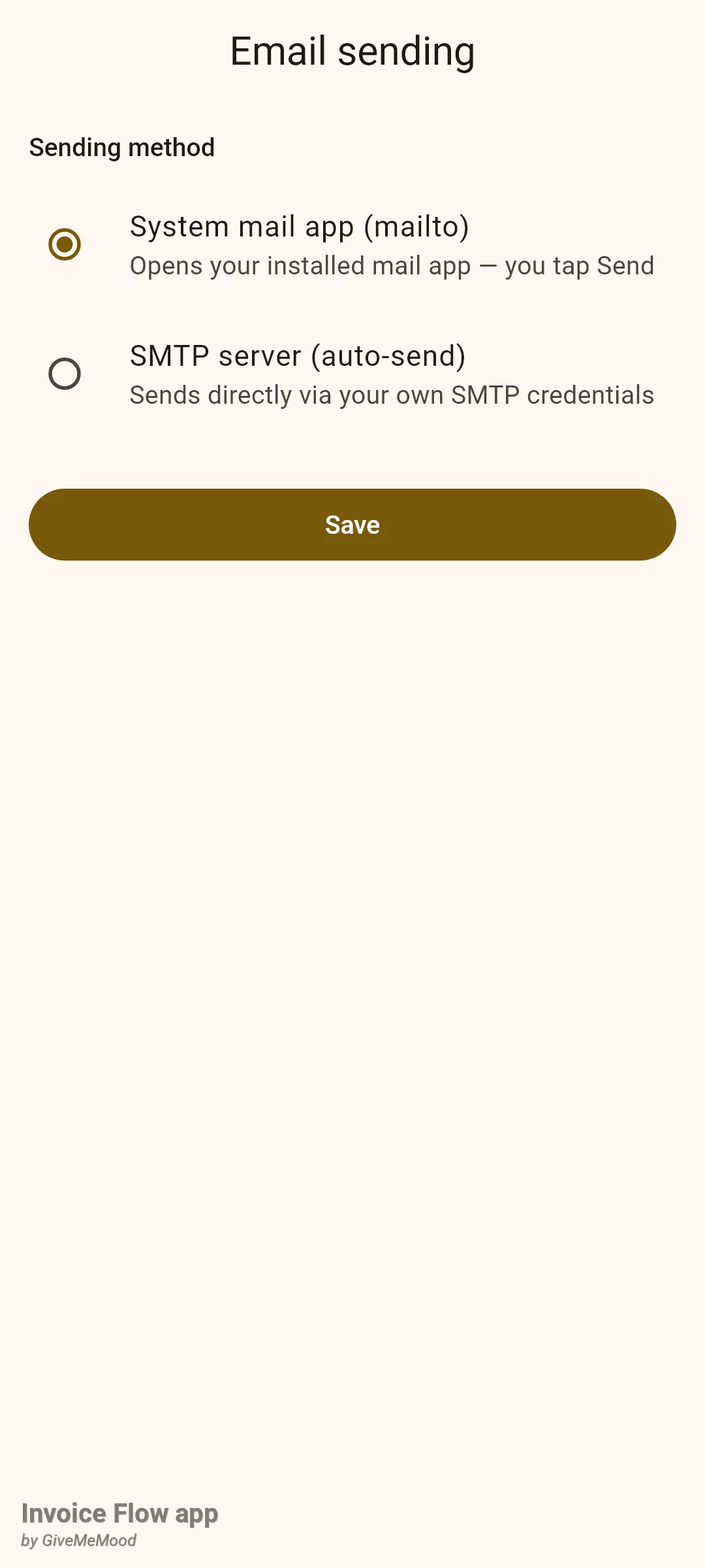 Invoice Flow app Email sending screen with Sending method heading, System mail app (mailto) selected, SMTP server (auto-send) unselected and a Save button