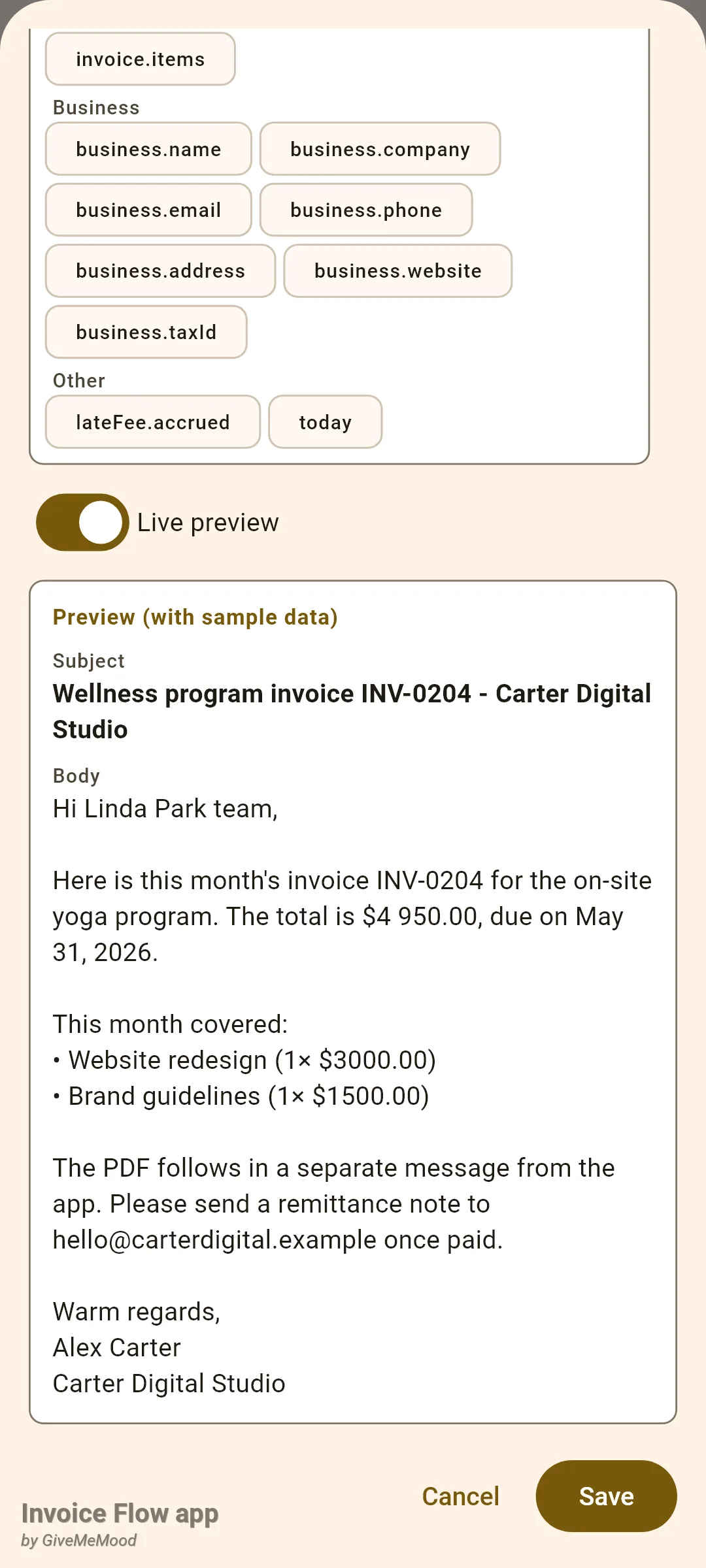 Invoice Flow app email template editor scrolled down with the Live preview switch on and a Preview (with sample data) box showing the subject Wellness program invoice INV-0204 - Carter Digital Studio and a body addressed to Linda Park with two bullet items