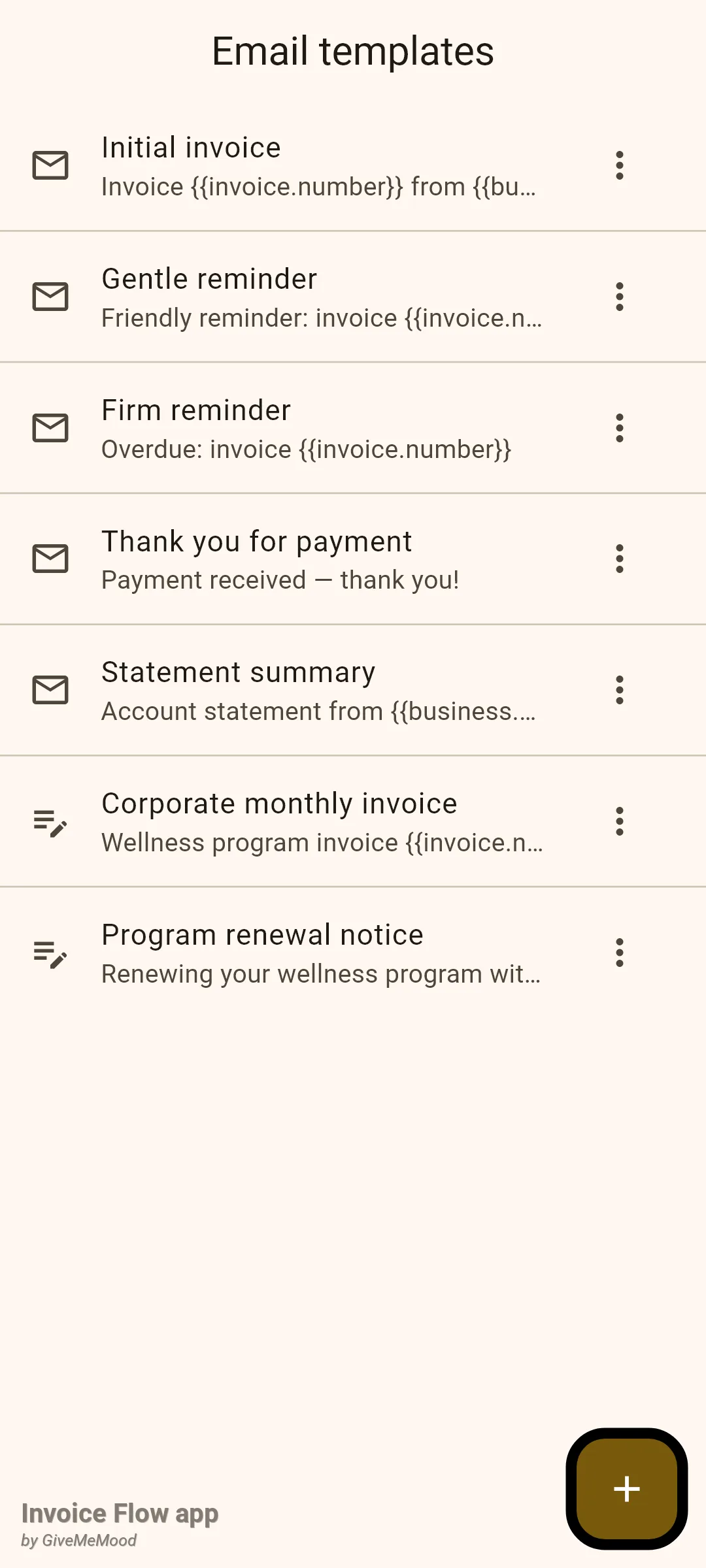 Invoice Flow app Email templates screen listing the five built-in templates with envelope icons and two custom templates, Corporate monthly invoice and Program renewal notice, with edit icons