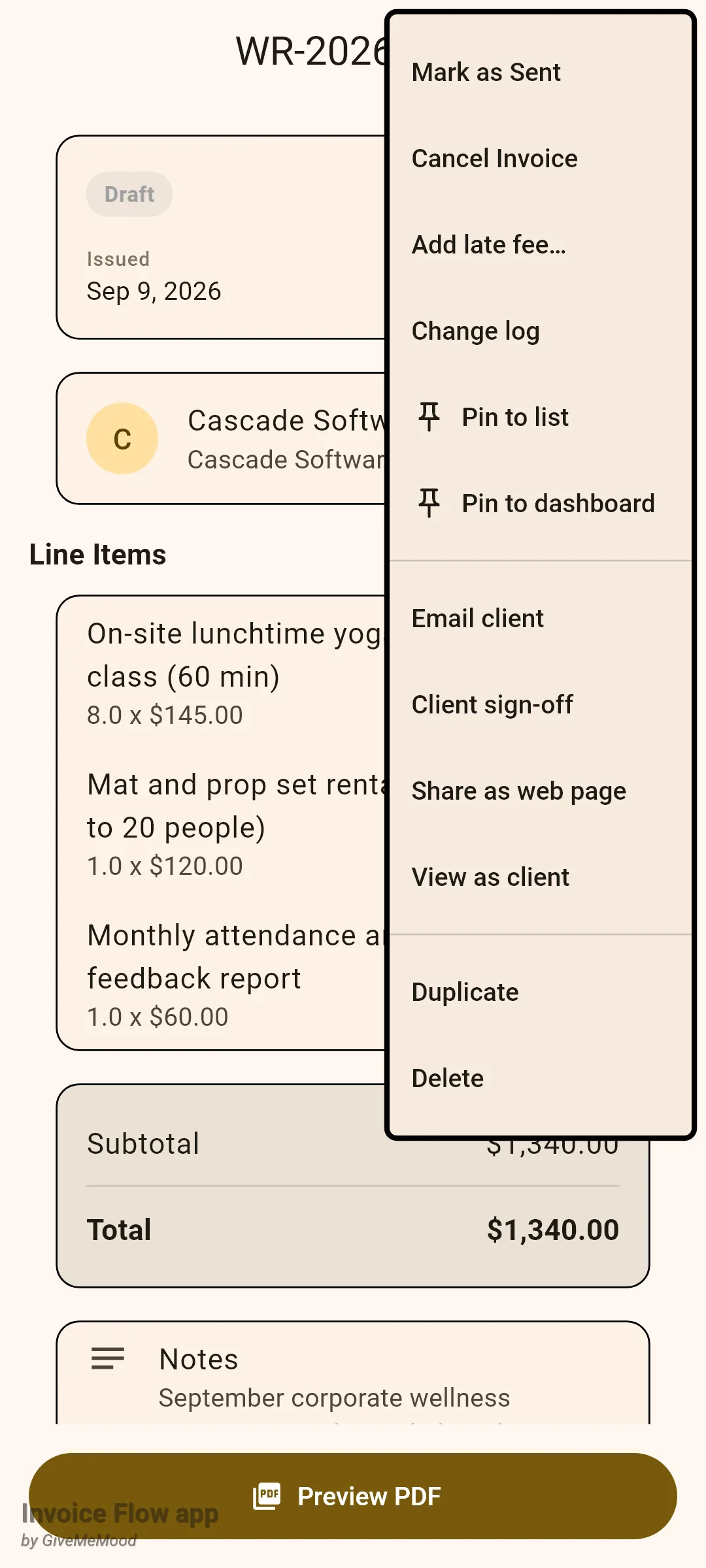 Invoice Flow app draft invoice WR-2026-093 for Cascade Software Inc. with the overflow menu open, listing Mark as Sent, Cancel Invoice, Add late fee, Change log, Pin to list, Pin to dashboard, Email client, Client sign-off, Share as web page, View as client, Duplicate and Delete
