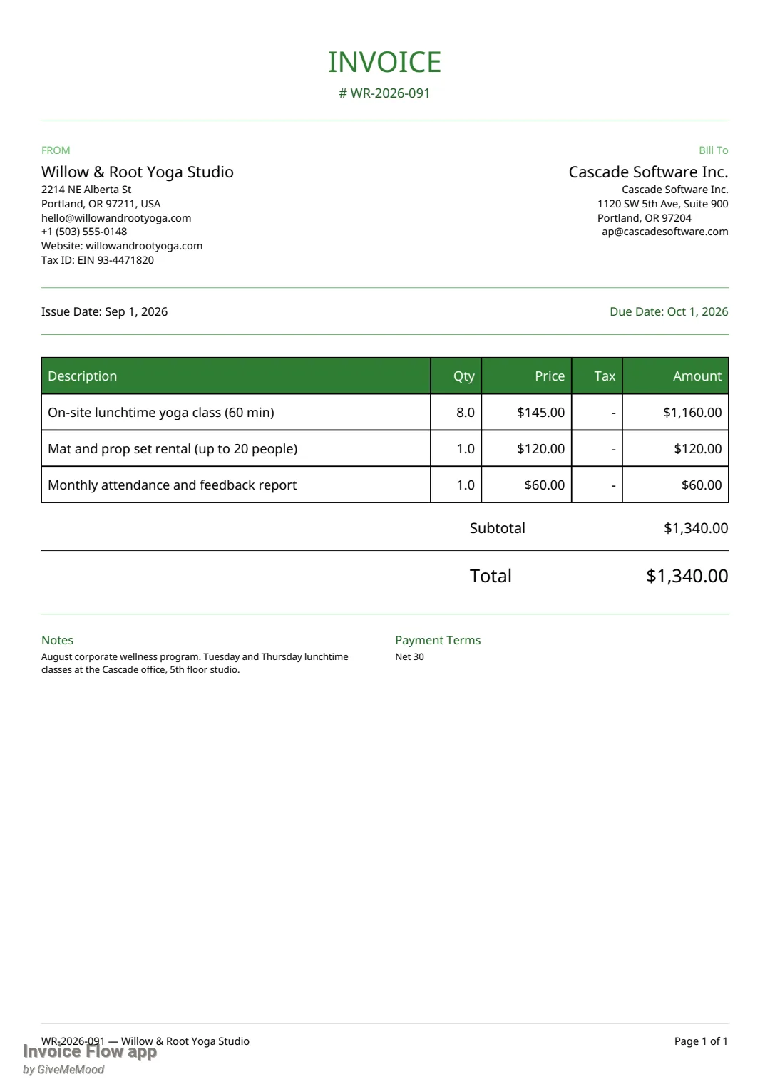 Invoice Flow app PDF invoice WR-2026-091 from Willow & Root Yoga Studio to Cascade Software Inc. with three line items, a total of 1,340.00 dollars, notes about the August wellness program and Net 30 payment terms