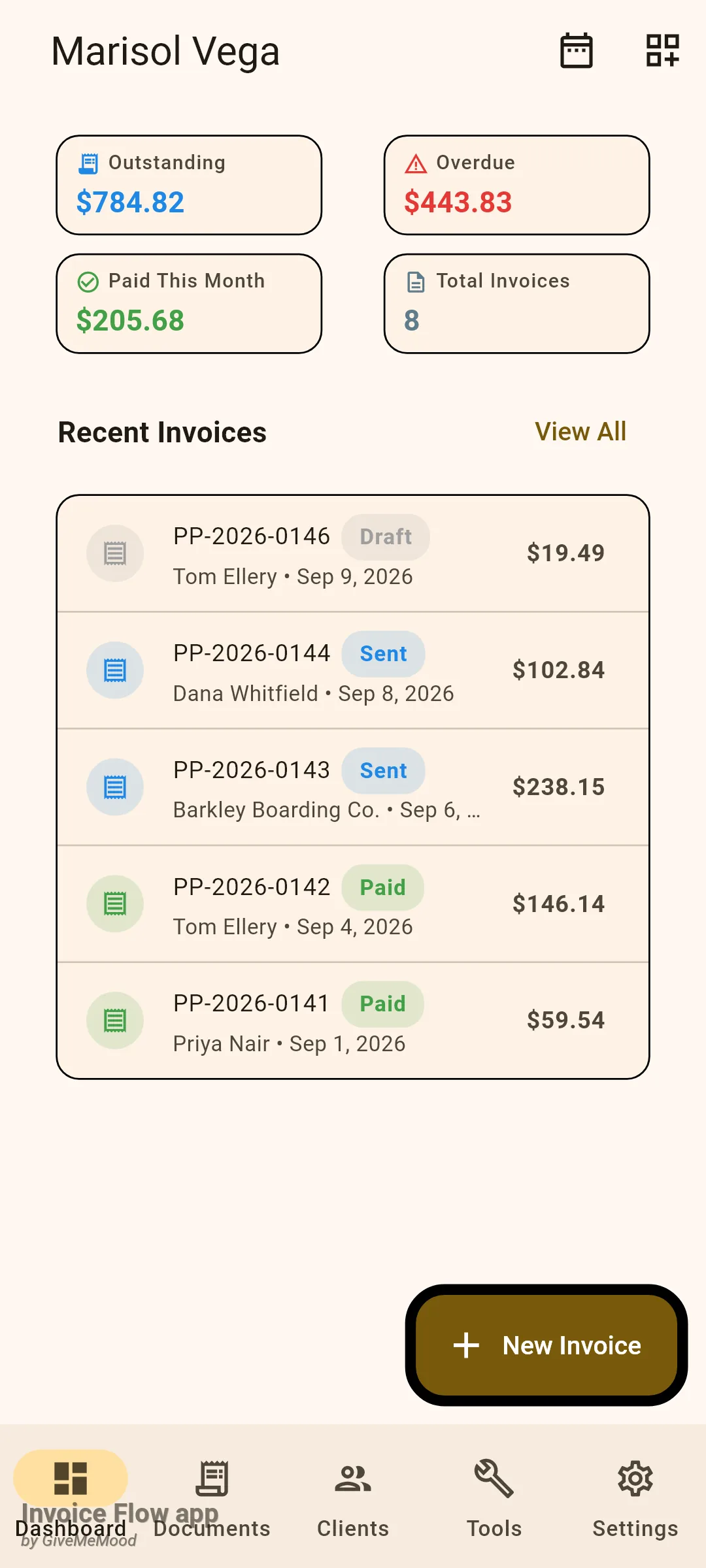 Invoice Flow app dashboard for Paws & Polish Grooming showing Outstanding $784.82, Overdue $443.83, Paid This Month $205.68, Total Invoices 8, a Recent Invoices list with draft, sent and paid entries, the New Invoice button, and the bottom tabs Dashboard, Documents, Clients, Tools and Settings