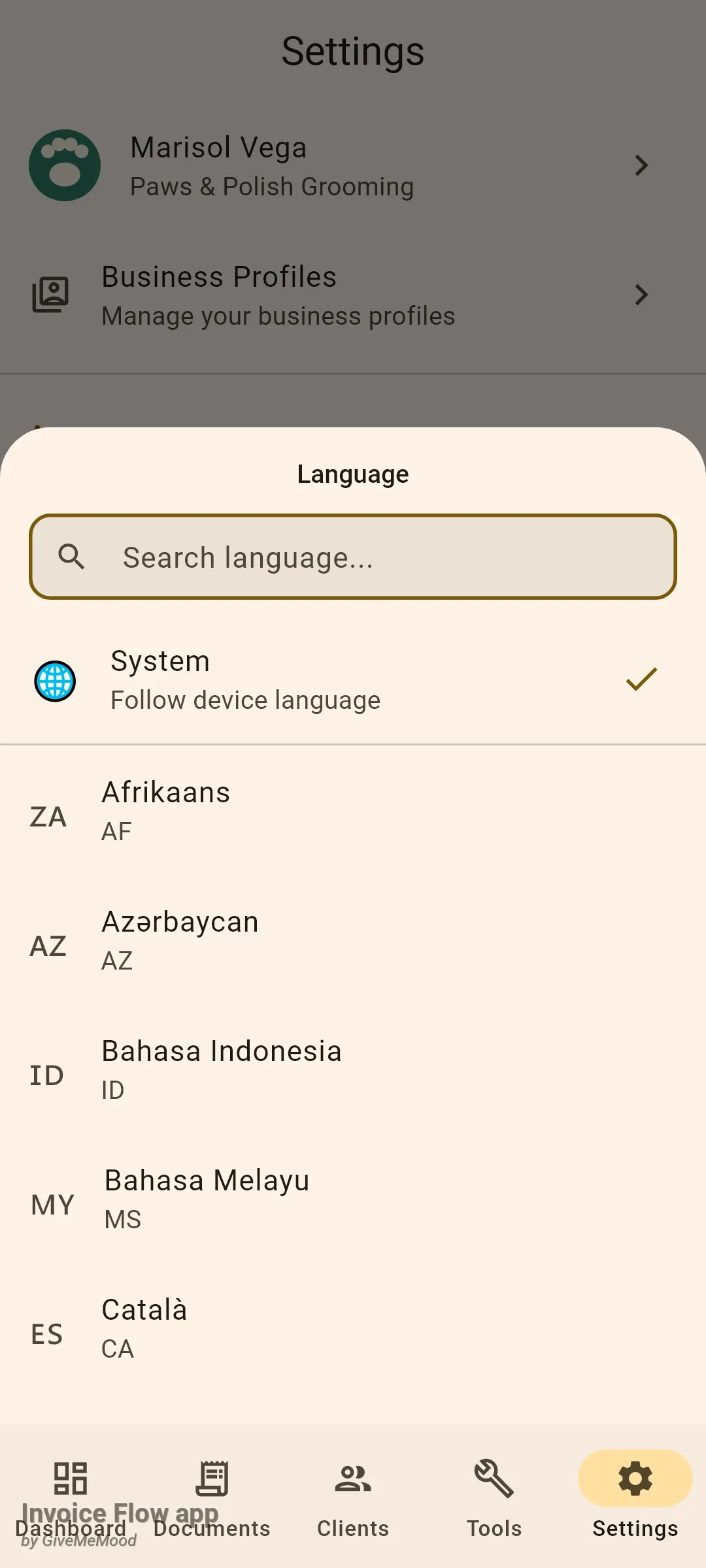 Invoice Flow app Language sheet with a Search language field, the selected System row with the subtitle Follow device language, and the start of the alphabetical list with Afrikaans, Azerbaijani, Bahasa Indonesia, Bahasa Melayu and Catala