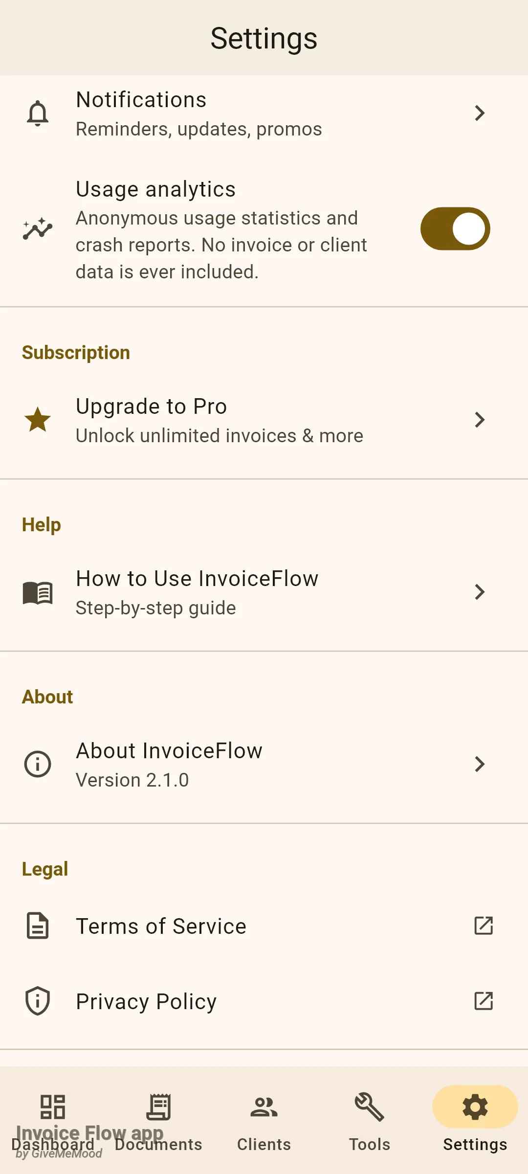 Invoice Flow app Settings scrolled down to show Notifications, the Usage analytics switch turned on, the Subscription group with Upgrade to Pro, the Help group with How to Use InvoiceFlow, About InvoiceFlow with Version 2.1.0, and the Legal links Terms of Service and Privacy Policy
