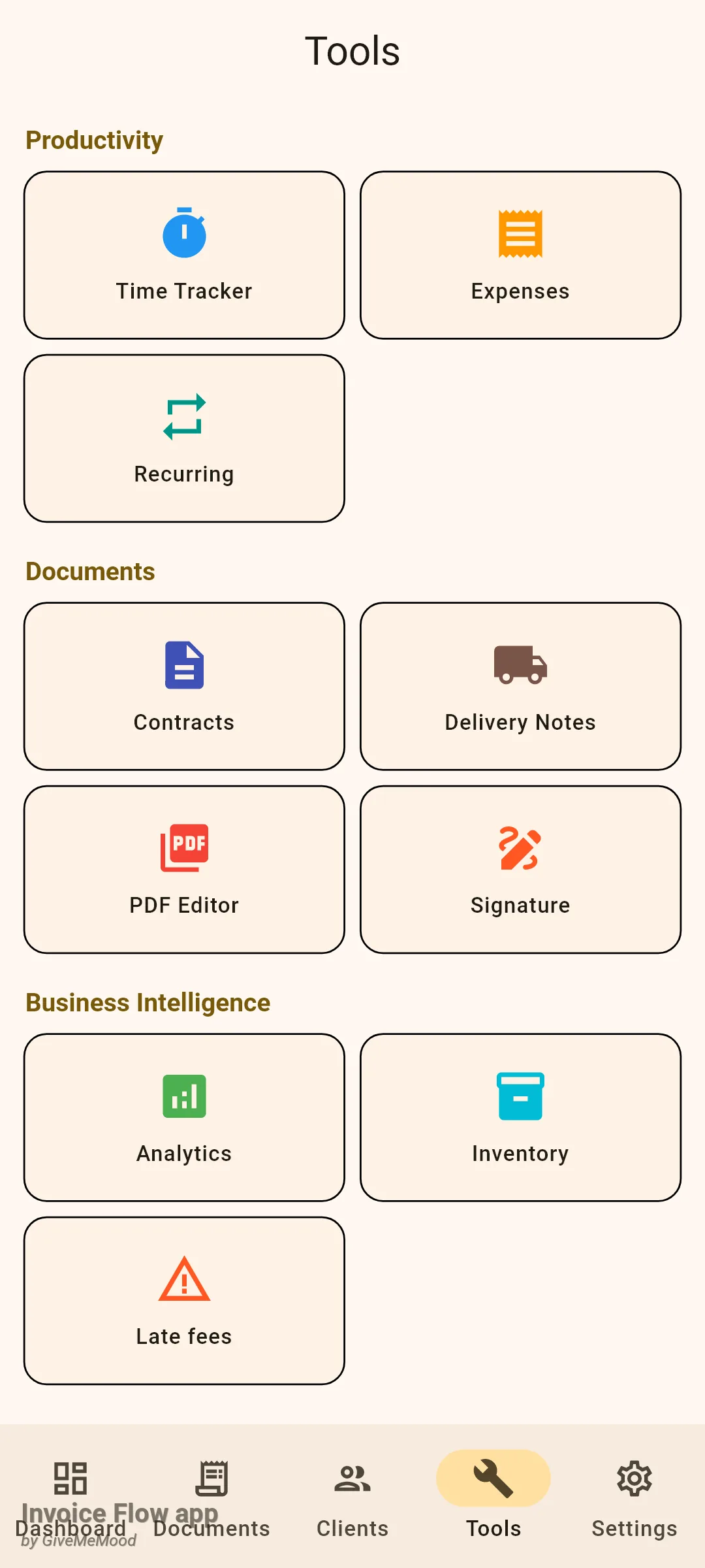 Invoice Flow app Tools screen with the Productivity tiles Time Tracker, Expenses and Recurring, the Documents tiles Contracts, Delivery Notes, PDF Editor and Signature, and the Business Intelligence tiles Analytics, Inventory and Late fees