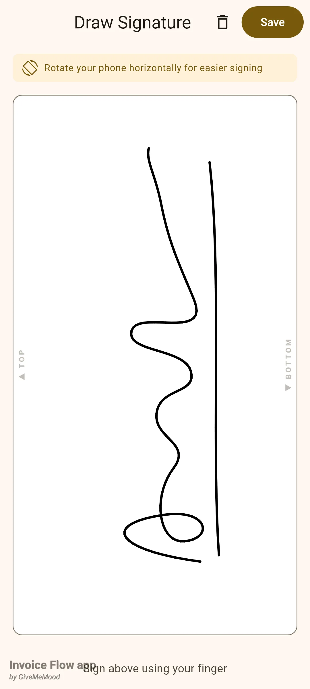 Invoice Flow app Draw Signature pad with a signature drawn sideways on the white canvas between the TOP and BOTTOM markers, the rotate-your-phone hint at the top and the Save button enabled