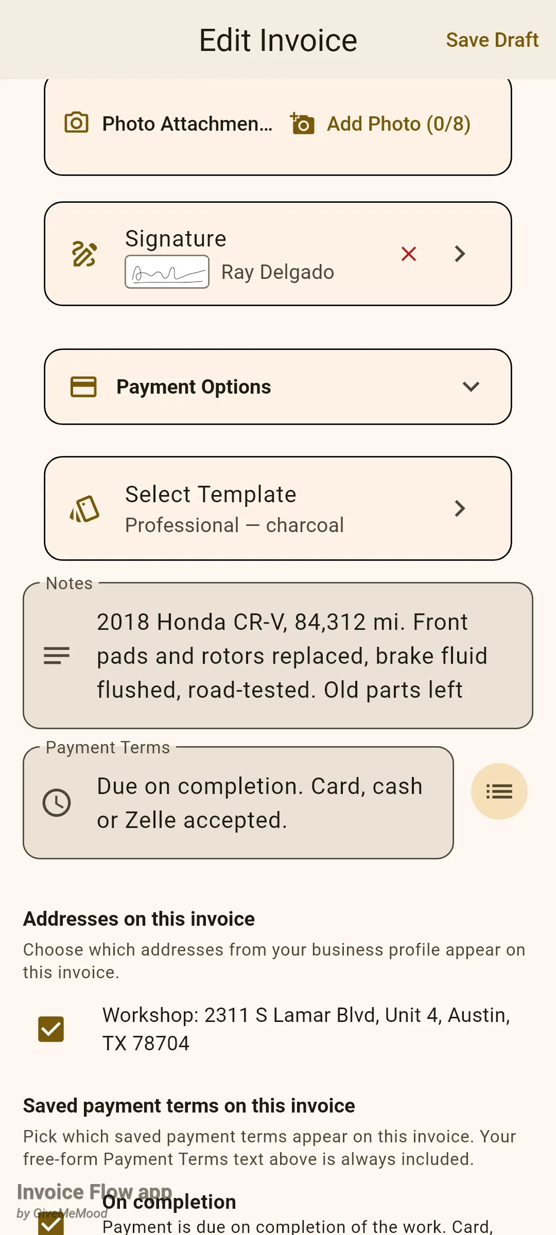 Invoice Flow app invoice editor scrolled to the Signature card showing a thumbnail of the Ray Delgado signature, a red x to remove it and a chevron to change it