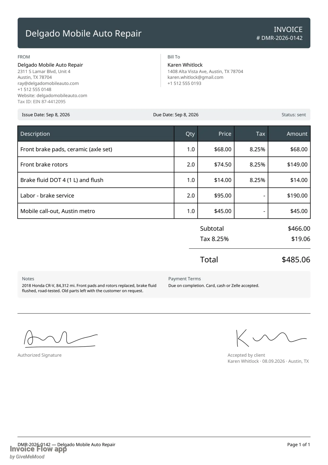Invoice Flow app generated invoice PDF DMR-2026-0142 for Delgado Mobile Auto Repair with the owner signature captioned Authorized Signature on the left and the customer signature captioned Accepted by client with Karen Whitlock, 08.09.2026, Austin, TX on the right