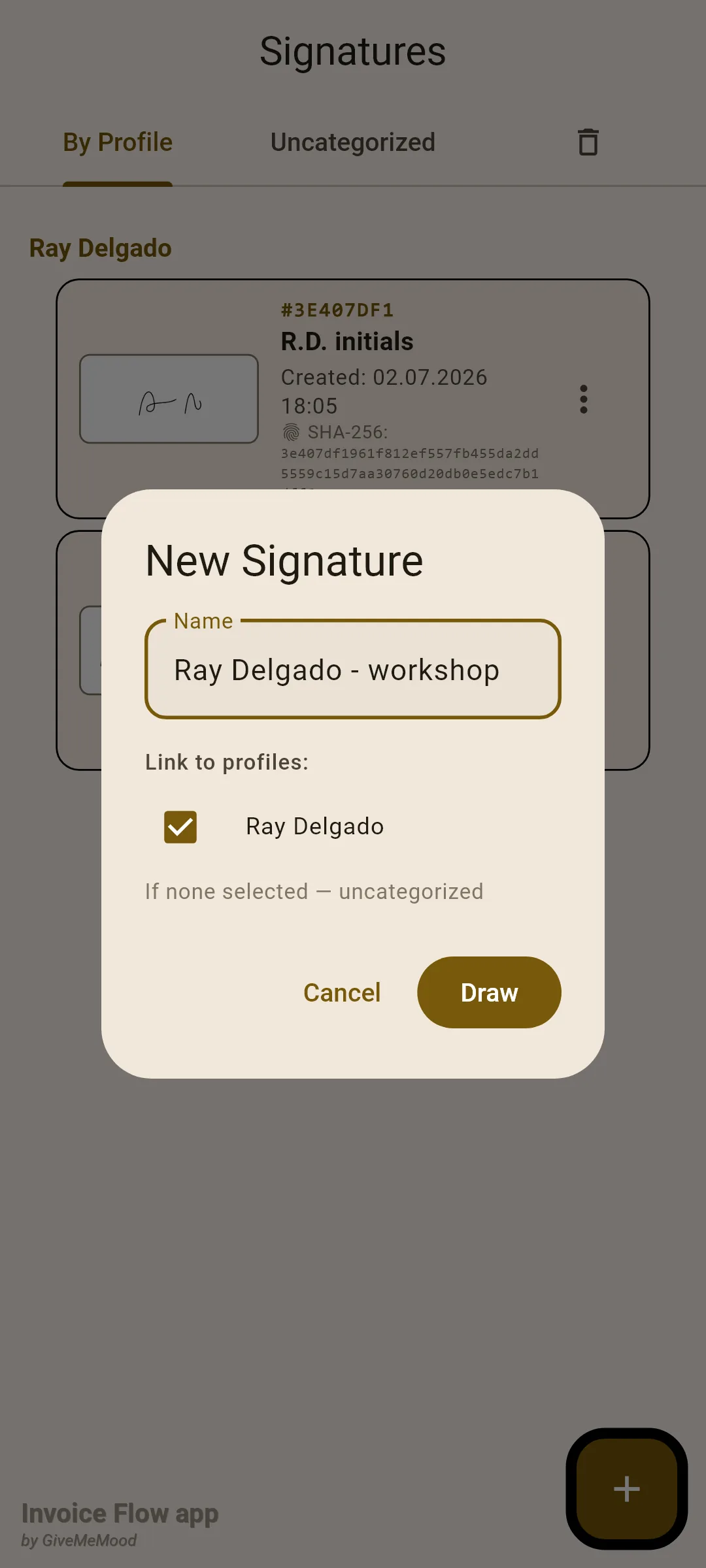 Invoice Flow app New Signature dialog with the name Ray Delgado - workshop typed in, the Ray Delgado profile ticked and the note If none selected, uncategorized
