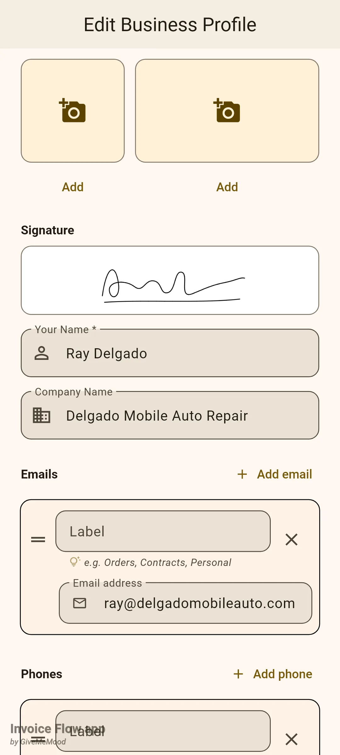 Invoice Flow app Edit Business Profile screen showing the Signature box containing the Ray Delgado signature above the Your Name and Company Name fields
