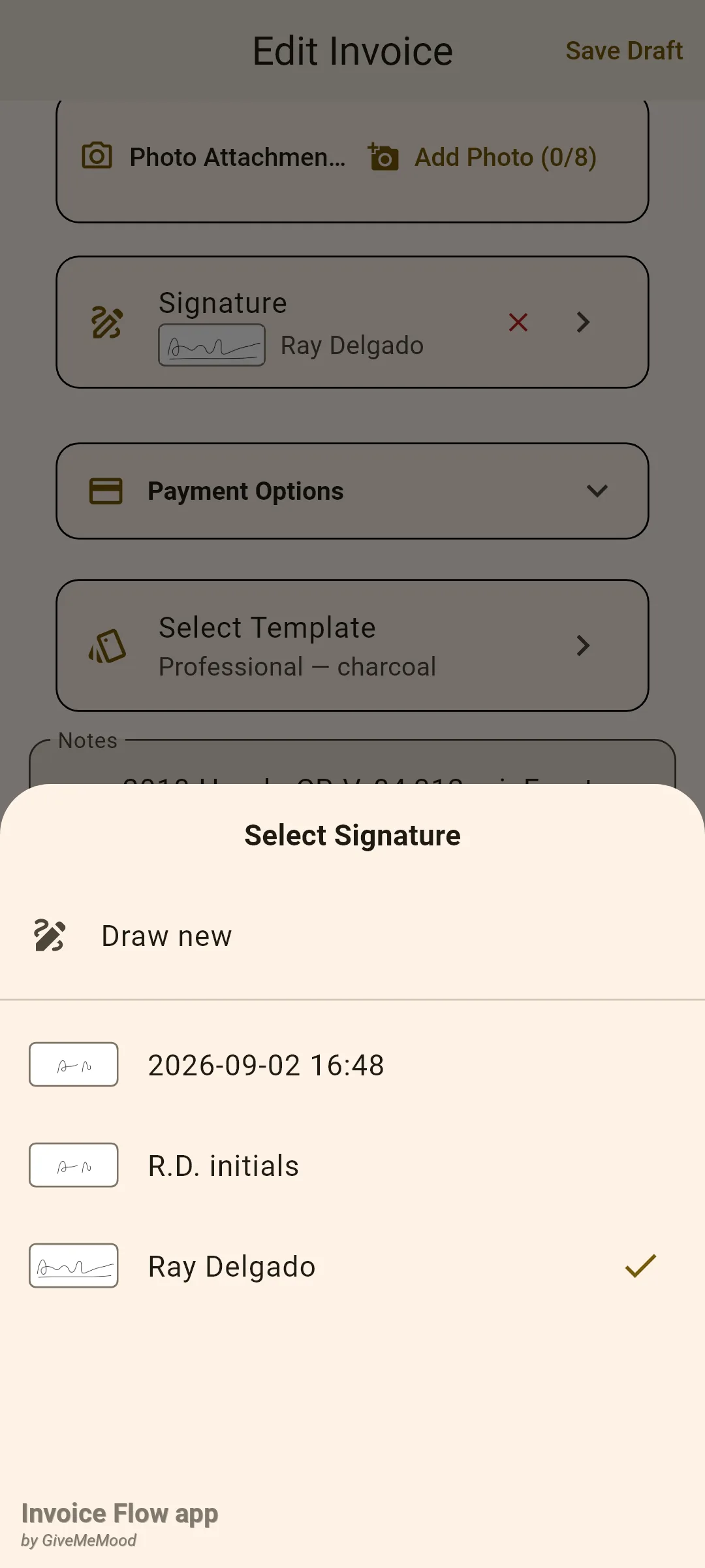 Invoice Flow app Select Signature bottom sheet over the invoice editor listing Draw new, a date-named signature, R.D. initials and Ray Delgado with a check mark