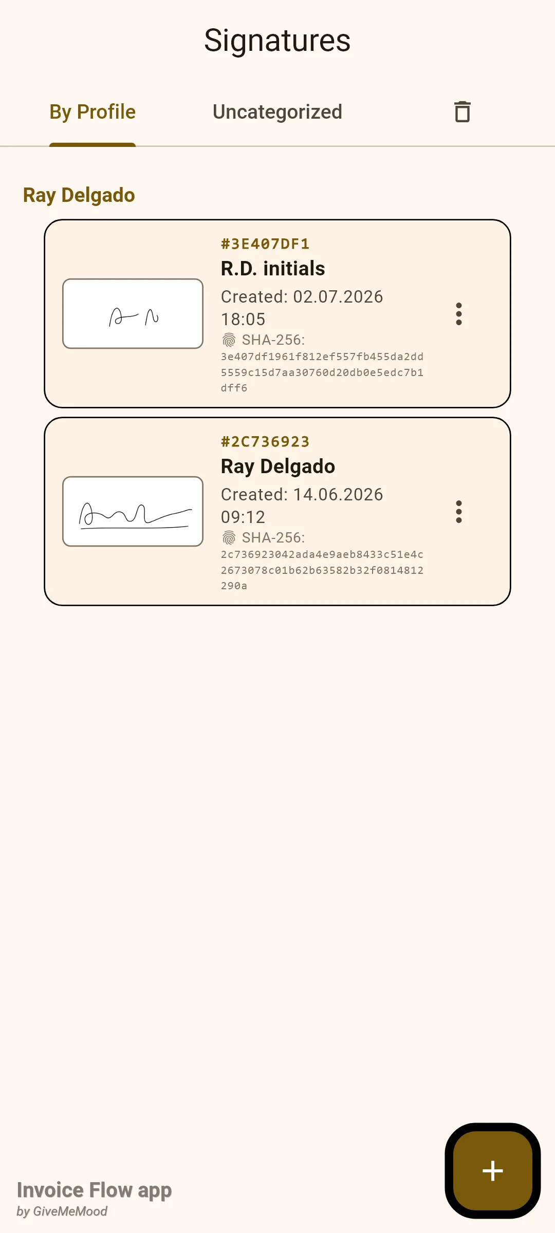 Invoice Flow app Signatures screen, By Profile tab, showing two signatures under the profile Ray Delgado with short codes, creation dates and SHA-256 hashes