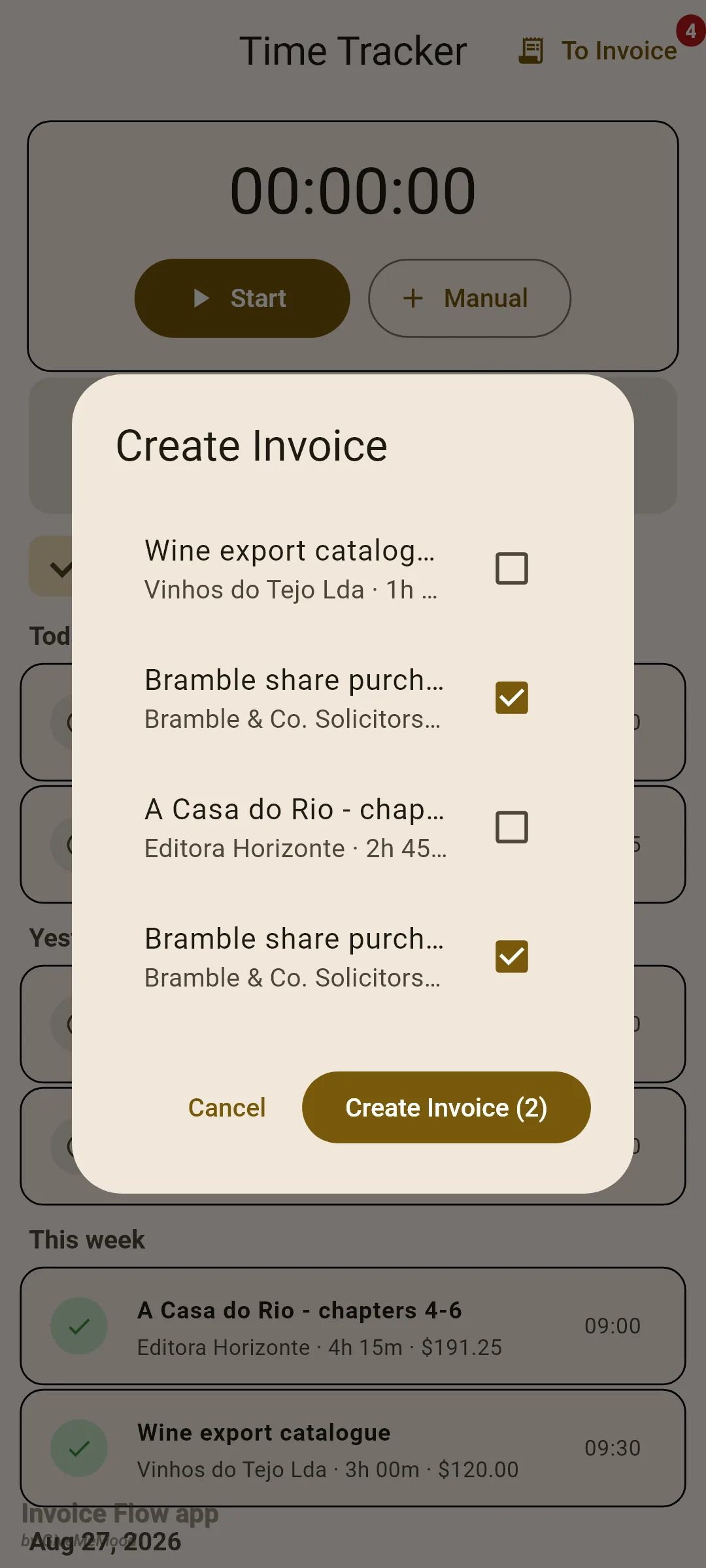 Invoice Flow app Create Invoice dialog over the Time Tracker listing four uninvoiced sessions with the two Bramble share purchase agreement entries checked and a Create Invoice (2) button