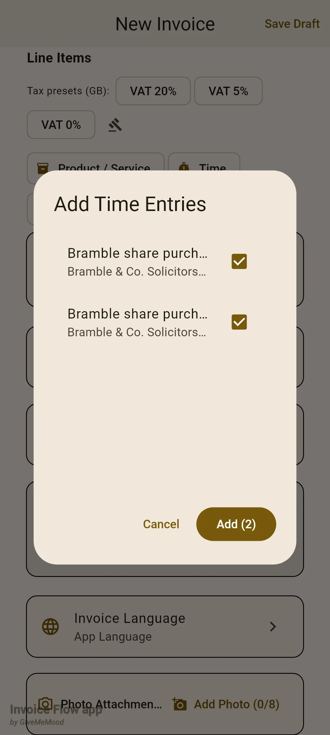 Invoice Flow app invoice editor with the Add Time Entries dialog listing two Bramble & Co. Solicitors sessions, both checked, and an Add (2) button