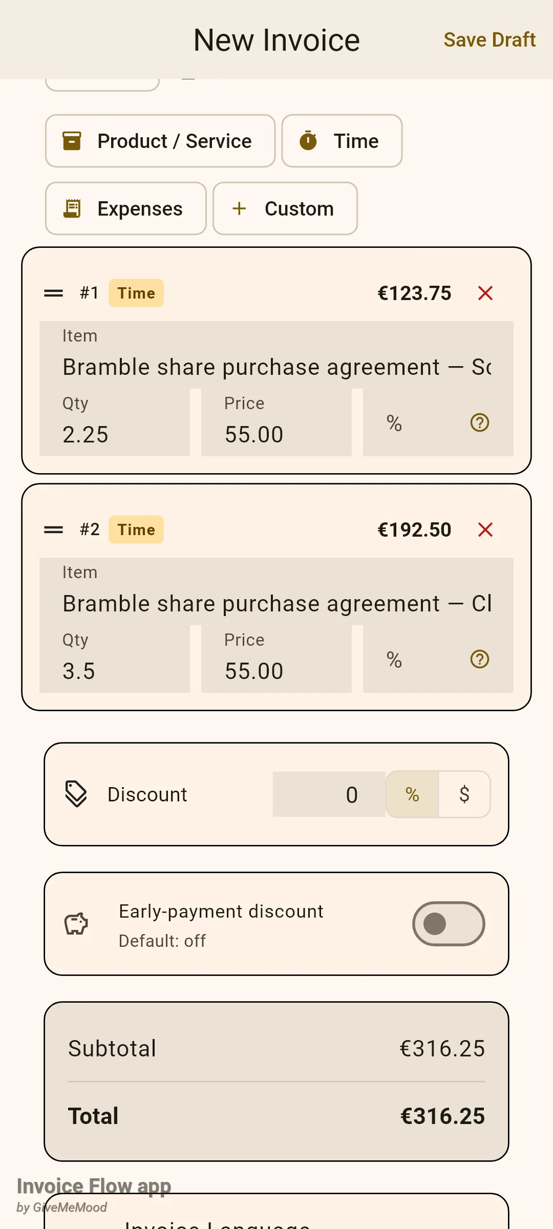 Invoice Flow app invoice editor showing two line items tagged Time, Bramble share purchase agreement with quantity 2.25 at price 55.00 for €123.75 and quantity 3.5 at 55.00 for €192.50, with a subtotal and total of €316.25