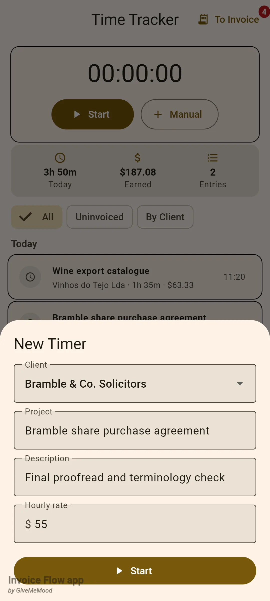 Invoice Flow app New Timer bottom sheet with Client set to Bramble & Co. Solicitors, Project Bramble share purchase agreement, Description Final proofread and terminology check, Hourly rate 55 and a Start button
