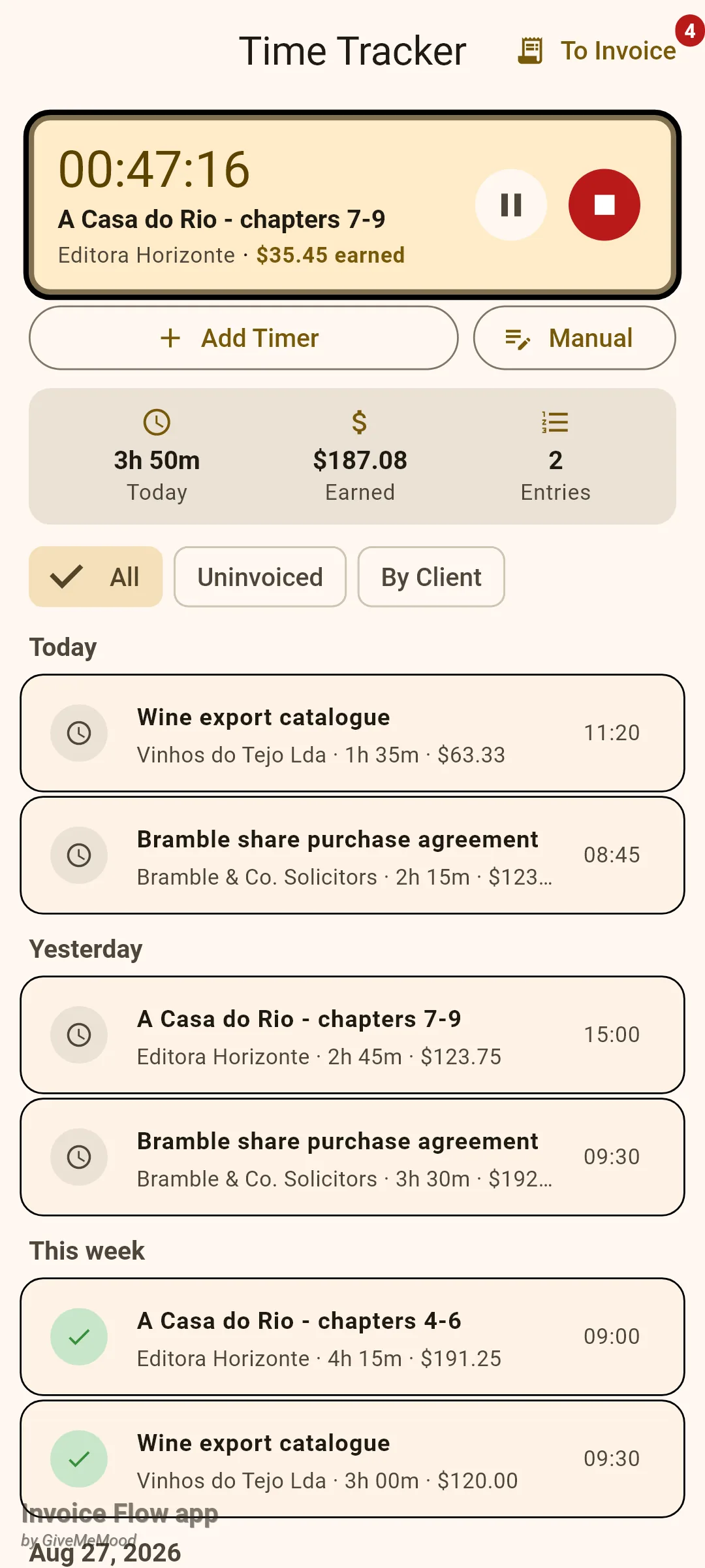 Invoice Flow app Time Tracker with a running timer card reading 00:47:16 for A Casa do Rio chapters 7-9, Editora Horizonte, $35.45 earned, with pause and stop buttons, and Add Timer and Manual buttons beneath it